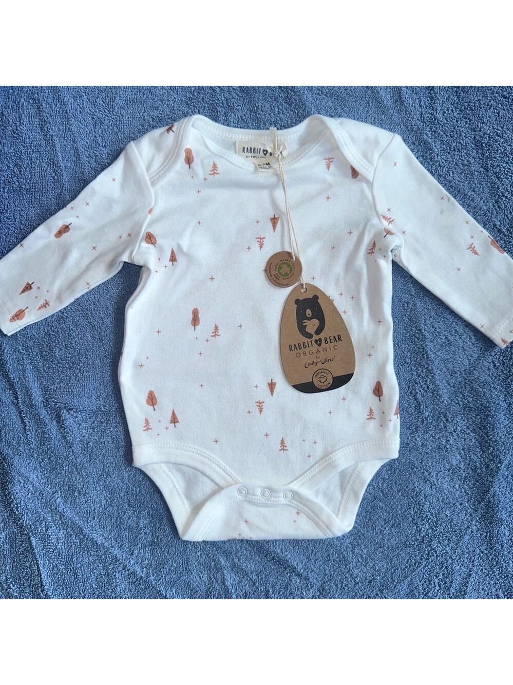 NWT Infant 0-3M Rabbit + Bear Organic LS Gender Neutral Bodysuit Trees Stars